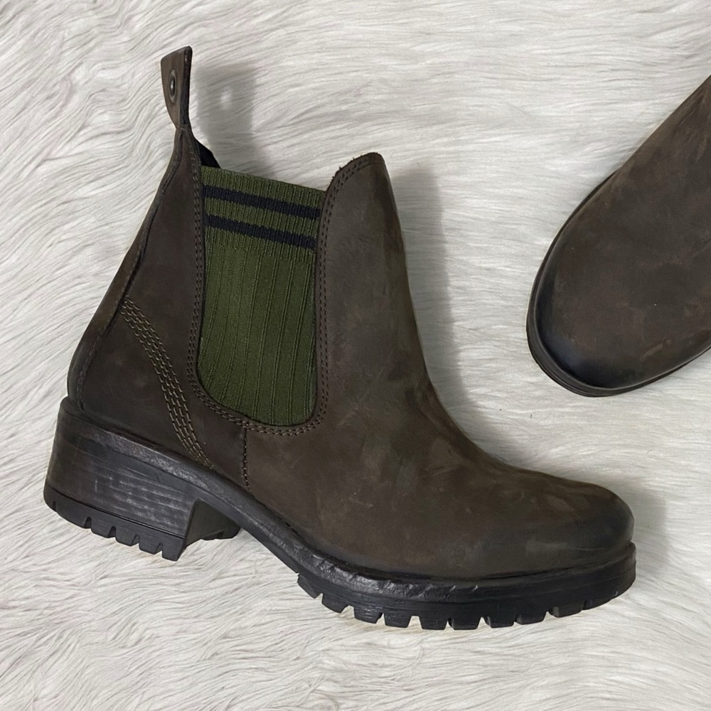 Bueno Florida Chelsea Boots Brown Leather Green Elastic Gore Lug Sole Ankle Boot